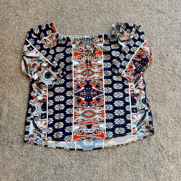 Women's Off-Shoulder Top, Long Sleeve, Navy Abstract, S, NWOT - Picture 1 of 6